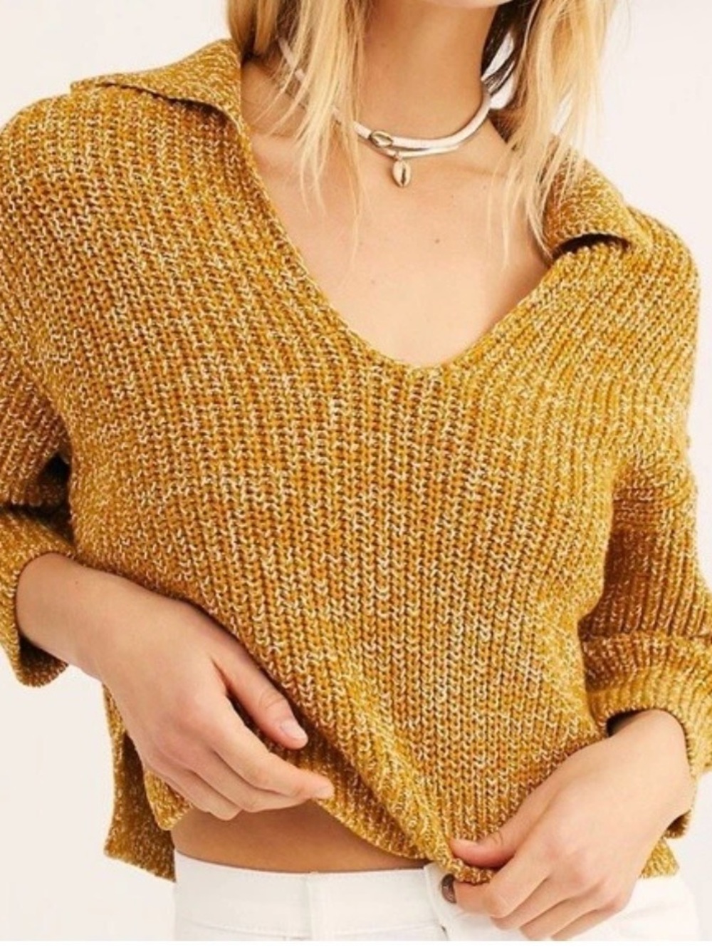 Free People Cropped Collared V-Neck Knit Sweater in Mustard Yellow Sz Medium